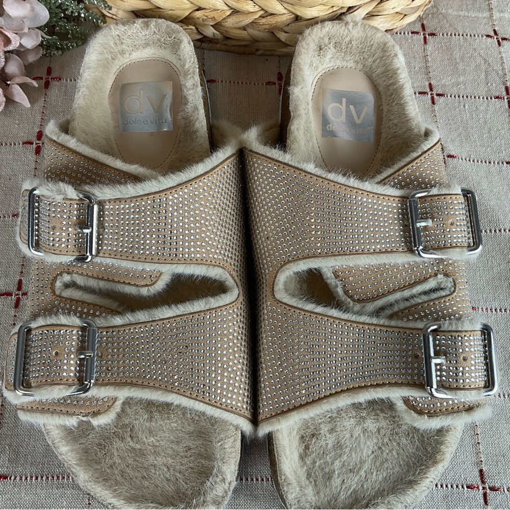 DV Dolce Vita “Bonita” Beige Fuzzy Footbed Rhinestone Slide Sandals Womens Sz 10 - Picture 5 of 5